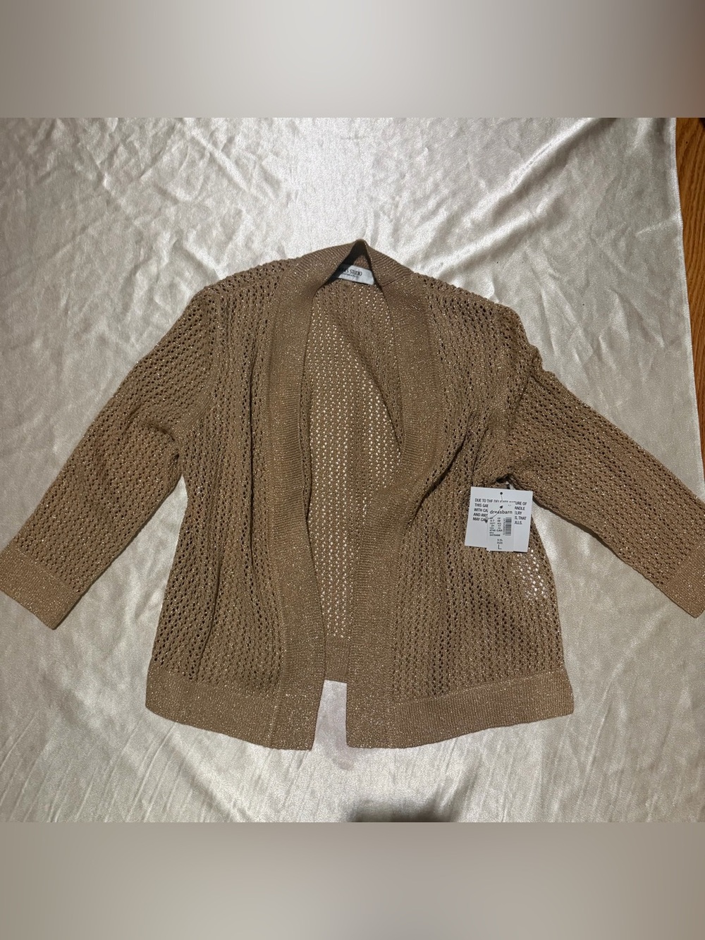 Jones Studio Gold Metallic shimmery Open Knit Cardigan NWT Open Front large
